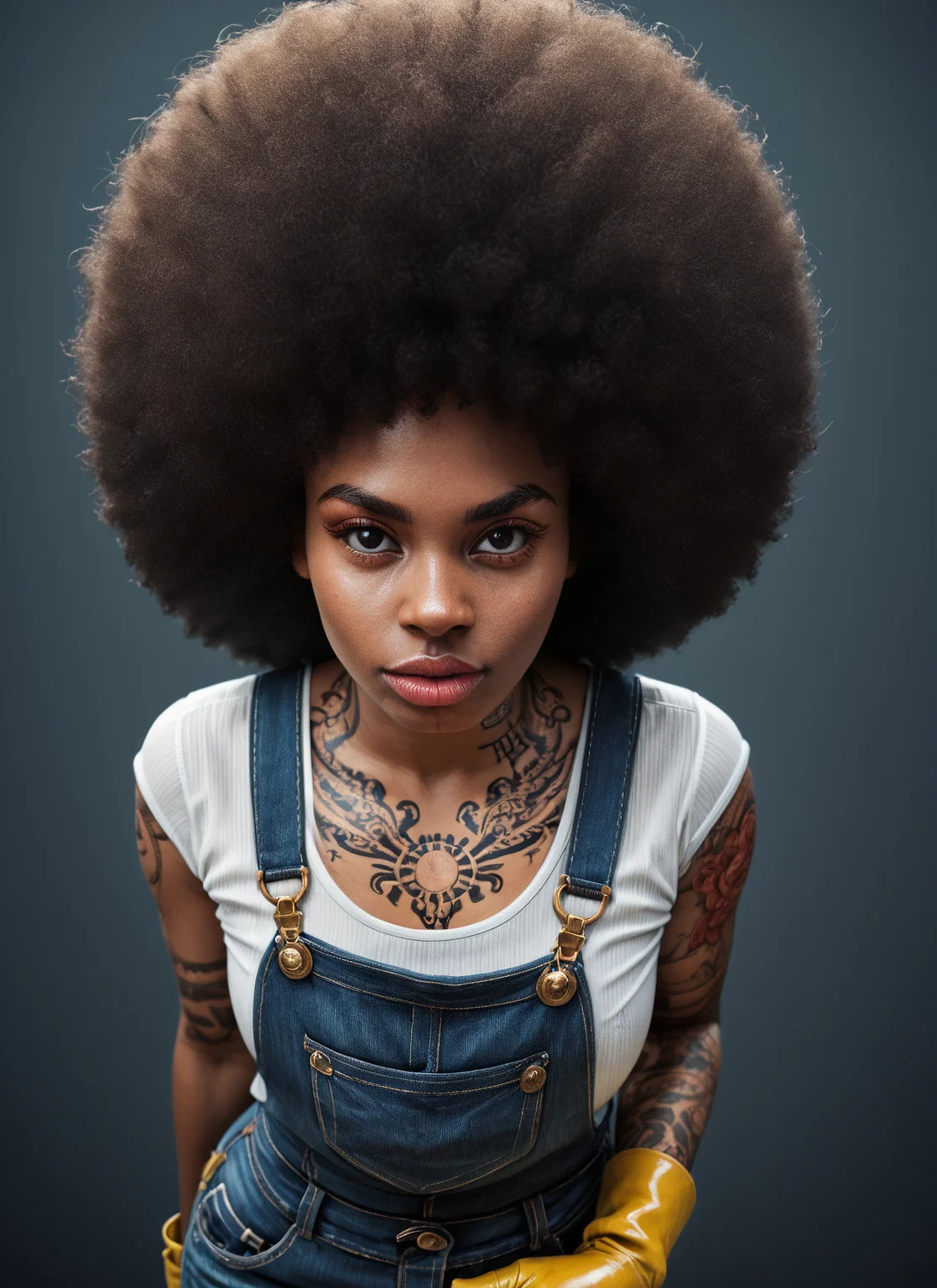 (milf:1.1), (smirk:0.72), (dark skin:0.99), (makeup:0.15), (lipstick:0.2), (large round afro:1.16), (full lips:0.98), (looking at viewer:0.93),(sexy:0.89), (seductive:0.73), dawn on a fishing dock, (dimly lit:1.16), (dark:0.20), (dramatic lighting:0.45), (rim light:1.02), (large_breasts:0.90), (small waist:1.36), (black woman:1.14), (sweat:0.40), (tattoos:1.28), yellow rubber rain boots, dirty pair of jeans overalls, dirty leather work gloves, thin white tshirt, (cinematic:0.51), high angle<lora:detailed_notrigger> <loar:Pony_DetailV1.0> <lora:Black_Woman_v3_e6> <lora:PONYLargeRoundAfro>