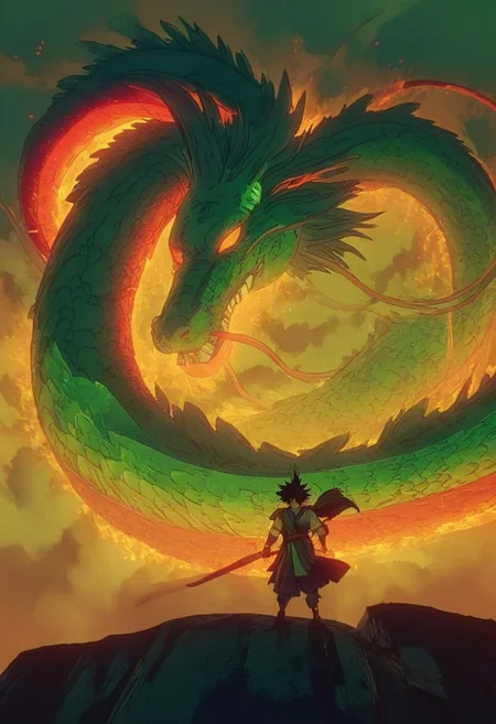 Bosstyle, Silhouette of Son Goku summoning a giant green Dragon: Capture the essence of nostalgia and color in this animated illustration. Dominating the scene is a meticulously detailed, translucent green scaled chinese dragon with burning red eyes, adorned with vibrant patterns, blending seamlessly with its surroundings. Its long tail, composed of intricately woven ribbons in a spectrum of colors, trails behind, adding to the spectacle of the moment. Amidst the quietude of the night, its presence exudes a sense of ancestral strength and resilience. Behind it, the low-toned hues of the Milky Way cast a mesmerizing backdrop, a cosmic tapestry weaving tales of both past and future. Dark ominous clouds gather above. In this moment, the convergence of tradition and magic, of ancient wisdom and magical prowess, hangs palpably in the air., atmospheric haze, Film grain, cinematic film still, shallow depth of field, highly detailed, high budget, cinemascope, moody, epic, OverallDetail, 2000s vintage RAW photo, photorealistic, candid camera, color graded cinematic, eye catchlights, atmospheric lighting, imperfections, natural, shallow dof
