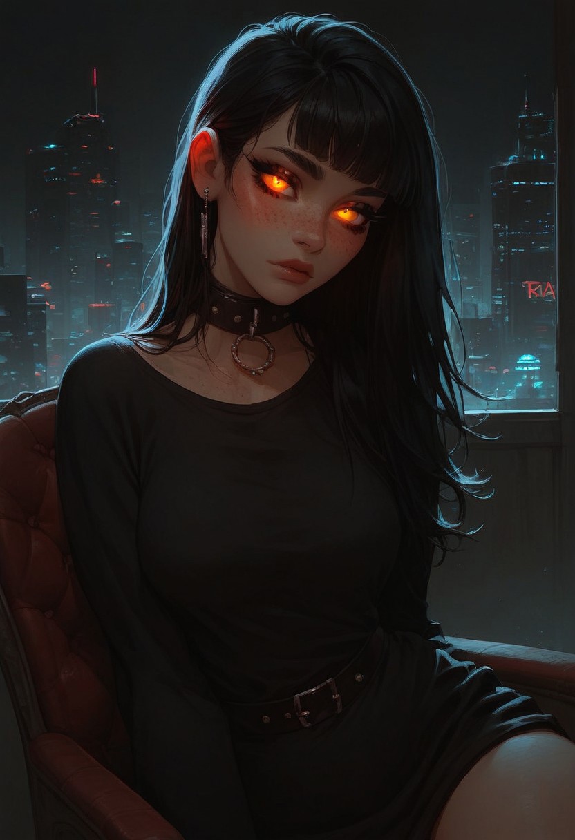 score_9, score_8_up, score_8_up, 1girl, sexy 20yo girl, thick thighs, raw photoshoot, blushing, collar, godrays, volumetric lighting, city skyline in the background, chair, g0thicPXL, GTA, dark hair, freckles, bangs, eyeliner, long eyelashes, looking at viewer, glowing eyes
