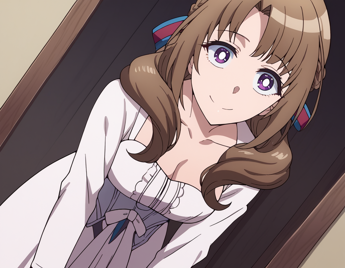 score_9, score_8_up, score_7_up, source_anime,
mamakooosuki, <lora:mamako-oosuki-s1-ponyxl-lora-nochekaiser:1>,
mamako oosuki, long hair, brown hair, purple eyes, hair ribbon, braid, bright pupils, french braid, white pupils,
dress, cleavage, collarbone, white dress, long sleeves, center frills, collarbone,
indoors, bent over, smile,
looking at viewer, cowboy shot, solo, dutch angle,