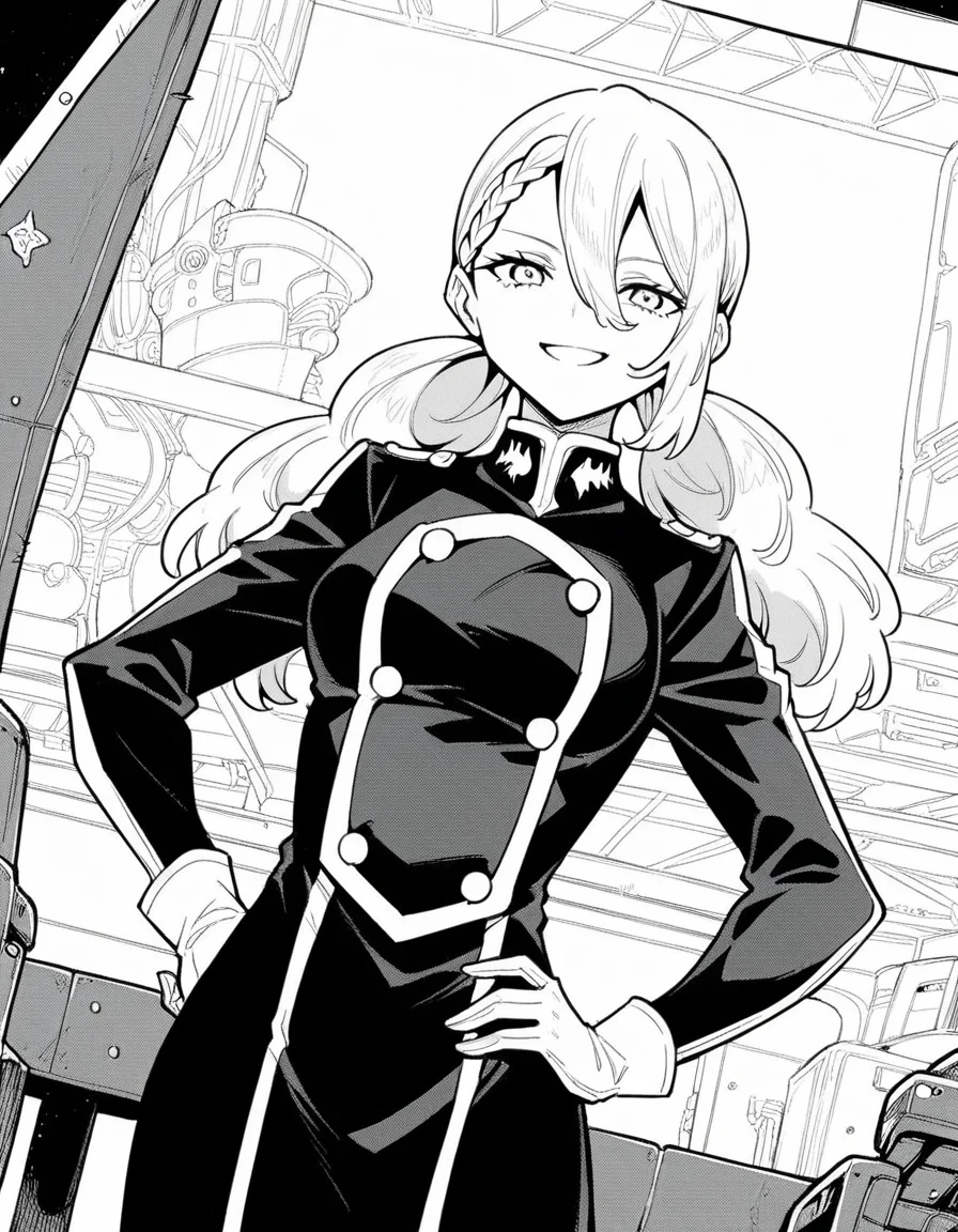 score_9, score_8_up, score_7_up, source_anime, <lora:varvara-pilipenko-manga-ponyxl-lora-nochekaiser:1>, varvara pilipenko, greyscale, monochrome, long hair, hair between eyes, braid, twintails,, gloves, uniform, military, military uniform, factory, machines, workers, assembly, production, smile, smug, hands on own hip,, looking at viewer, solo,, dutch angle, cowboy shot