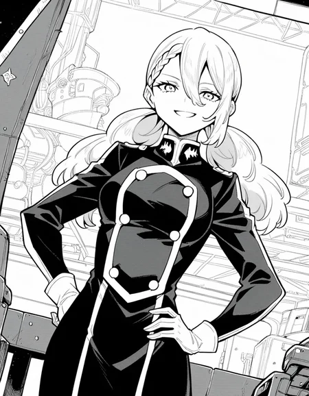 score_9, score_8_up, score_7_up, source_anime, <lora:varvara-pilipenko-manga-ponyxl-lora-nochekaiser:1>, varvara pilipenko, greyscale, monochrome, long hair, hair between eyes, braid, twintails,, gloves, uniform, military, military uniform, factory, machines, workers, assembly, production, smile, smug, hands on own hip,, looking at viewer, solo,, dutch angle, cowboy shot