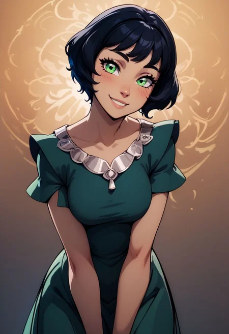 score_9, score_8_up, score_8, big breasts, (curvy), cute, eyelashes,     
rating safe, 
BREAK, 
aaOpal, green eyes, short hair, black hair, green dress, 
leaning forward, head tilt, blush, 
,BREAK, 
smile, looking at viewer, cowboy shot,  
abstract background, 
zPDXL, Expressiveh