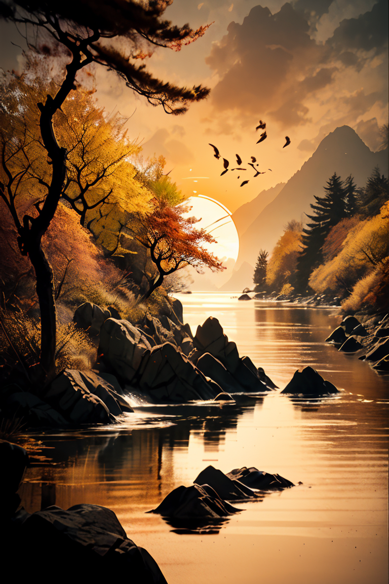 <lora:Calligraphy-ink-style-darquelilly-v1:1> calligraphyinkstyle, dawn, evening sky, autumn, volumetric lighting, sunset reflected in the water, black background, peaceful atmosphere, detail colour is rust red, an autumn cherry blossom tree with orange and yellow petals, orange petals on the ground, petals falling down