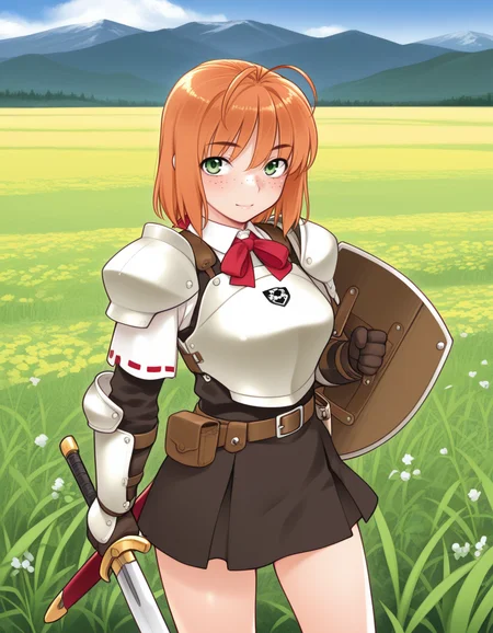 (k1r1y4m4), <lora:1_illu_kiriyama_taichi_8e:1>, 1girl, armor, sword and shield, skirt, freckles, orange hair, medium hair, green eyes, field, mountains, (masterpiece, best quality, amazing quality),