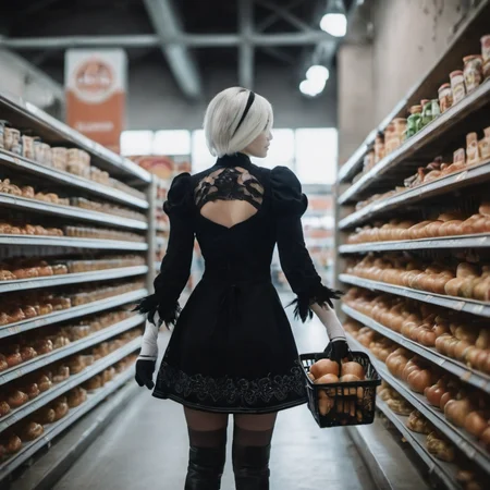 cinematic photo a woman in a black outfit dress, grocery shopping <lora:2B_Nier_Automata_1024:0.8> . 35mm photograph, film, bokeh, professional, 4k, highly detailed