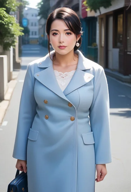 score_9, score_8_up, score_7_up, 35mm photography, highly detailed, sharp focus, source_anime, 1milf,mature and plump asia housewife, solo,(light blue long coat),Bare knees ,low updo, black hair,(beautiful face), beautiful eyes,eye-shadow,Long eyelashes, perfect cute face, plump face,Round cheeks, dignified,mild ,Long legged,sole,standing, (satchel), Street,tree,