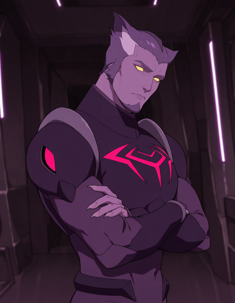 masterpiece, best quality, newest, detailed background, intricate details, male focus, realistic, solo, <lora:VLD - Thace - Illustrious-000007:0.8>,  vld_thace, 1boy, very short hair, multicolored hair, purple body fur, yellow eyes, glowing eyes, solid eyes, no pupils, cat ears, goatee, long nails, body suit, breastplate, shoulder armor, arm guards, spacecraft interior, looking at viewer, head tilt, crossed arms, from side, contrapposto, portrait