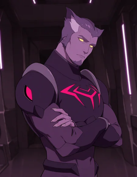 masterpiece, best quality, newest, detailed background, intricate details, male focus, realistic, solo, <lora:VLD - Thace - Illustrious-000007:0.8>, vld_thace, 1boy, very short hair, multicolored hair, purple body fur, yellow eyes, glowing eyes, solid eyes, no pupils, cat ears, goatee, long nails, body suit, breastplate, shoulder armor, arm guards, spacecraft interior, looking at viewer, head tilt, crossed arms, from side, contrapposto, portrait