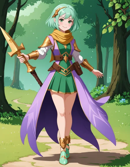 OneStepFromEdenStyle, 1girl, wide_hips, blush, solo, outdoors, [gold] scarf, [green] eyes, [Amethyst] hair, smile, full_body, high_fantasy, mint footwear, holding_weapon
 <lora:OneStepFromEdenStyle_Illustrious:1>