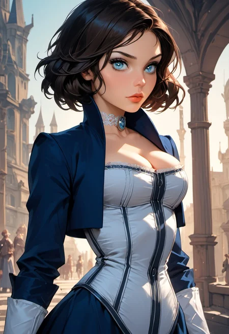 Stable_Yogis_PDXL_Positives, (score_9, score_8_up, score_7_up), source_nsfw, ((face focus, eye focus, dynamic angle, motion)), ((waist-up portrait)), 1girl, fantasy, ((pureerosface_xl)),
BREAK,
(1girl, solo, leodv), (ELIZABETH1, Short hair, blue eyes, cropped jacket, blue dress, corset, choker, cleavage), blue eyes, large breasts, source-fantasy, jewelry, female focus, choker, eyeshadow, slim-thick body, medieval fantasy clothes, apart breasts, large breasts, tiny waist, wide hips, slender figure,
standing, ((slutty pose)), breathless intimacy, textured skin, leggings, petite model bombshell, delicate features, narrow pointy nose, tiny nose, lust, big eyes, seductive eyes, detailed skin, flared lashes, mascara, makeup, breasts, athletic body, narrow waist, wide hips, ((tiny waist)), slender figure, sensual gaze,
warm light, detailed, two arms, good hands,
BREAK,
milky way, runes, arcane, astral, surreal, ethereal glow, masterpiece, best quality, intricate design. colorful, fantasy city streets, evening, sunset light, moody whimsical color palette, bold soldering lines, volumetric light shining through, crepuscular rays, intricate craftsmanship, detailed texture, luminous transparency, reflective light play, vivid hues, atmospheric depth, enchanting silhouette, art nouveau,