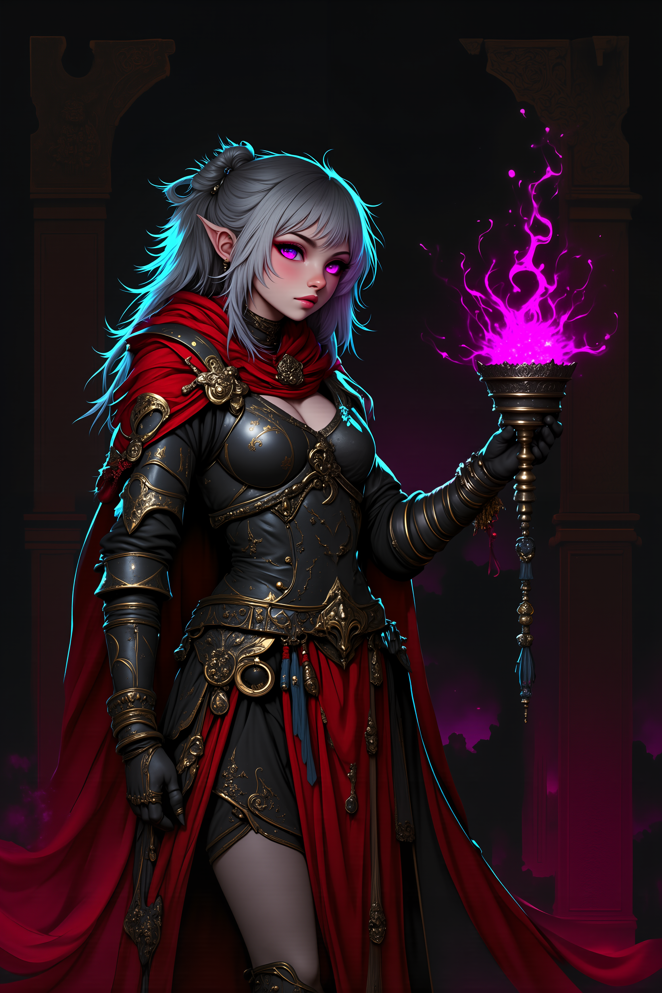 ffdac,A painting of alabaster skin. Her pointed ears peek through the strands of her hair as she gazes intently at a floating, glowing crystal orb encased in dark, ethereal flames. Sheâs in a shadowy corner of a massive, ancient webway gate, the intricate runes on the walls pulsing with faint light. Her armor is an ornate mix of silver and dark red, with spiked pauldrons that seem to absorb the surrounding shadows. A strange, crimson veil covers the lower half of her face, fluttering in an invisible wind. The orb emits an eerie hum, and her gloved hand reaches out, the fingertips brushing against its surface. The air around her shimmers with psychic energy, and the dark flames of the orb seem to react, spiraling outward like tendrils of darkness. Her piercing, violet eyes reflect the ominous glow of the orb, filled with both awe and determination. (high-resolution, dynamic, energetic, dramatic lighting, shallow depth of field.), detailmaximizer<lora:detailed_flux_ntc:2.2><lora:aidmaImageUpgrader-FLUX-V0.1:0.65><lora:Dark_and_Colorful_FLUX_OT>
