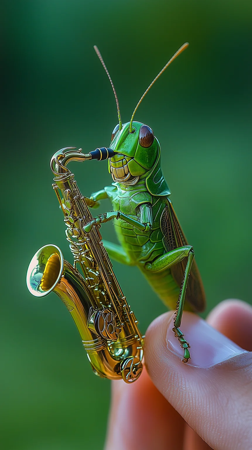 An ultra-realistic photograph of a green grasshopper standing on a human hand, holding a tiny saxophone in its mouth. The grasshopper's body is detailed with vibrant green hues, intricate wings, and antennae. The saxophone is gripped delicately by the grasshopper’s mouth, as it appears to be playing. The hand is textured with visible skin pores and slight wrinkles, carefully supporting the grasshopper. The background is softly blurred to draw attention to the subject, with natural, soft lighting enhancing the scene. Captured with a macro lens for high detail, shallow depth of field, high-definition quality