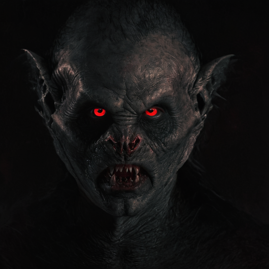 Horror-themed,  <lora:Vampire Bat:1>
Set in 19th-century England and Romania, Vampire Bat a creepy looking man with red eyes and a vampire bat face,solo,simple background,red eyes,teeth,no humans,glowing,black background,monster,realistic,dark , Horror themed, dark themed, Bram Stoker's Dracula 1992 film style, Eerie, unsettling, dark, spooky, suspenseful, grim, highly detailed