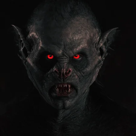 Horror-themed, <lora:Vampire Bat:1>
Set in 19th-century England and Romania, Vampire Bat a creepy looking man with red eyes and a vampire bat face,solo,simple background,red eyes,teeth,no humans,glowing,black background,monster,realistic,dark , Horror themed, dark themed, Bram Stoker's Dracula 1992 film style, Eerie, unsettling, dark, spooky, suspenseful, grim, highly detailed