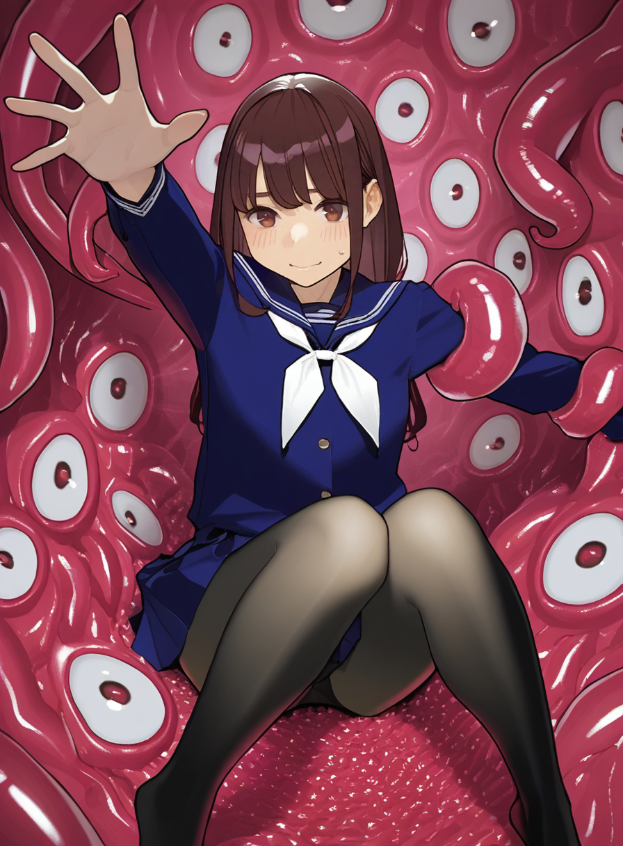 yomu \(sgt epper\), 1girl, solo, black pantyhose, no shoes, sitting, school uniform, covered in tentacles, hand reaching out, mc hand, netorare, legs, trapped, pov