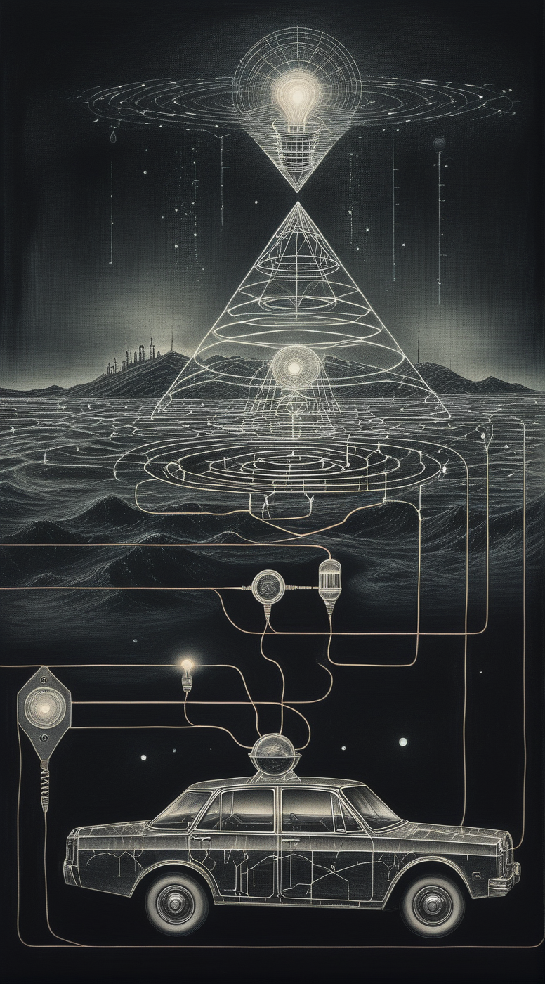 ampereart In the depths of the electrical, a dark and mysterious world unfolds, where a surreal diagrams devil car, lost in electrical enigmatic dreamscape surrealistic electrical diagrams<lora:ampereart:1>