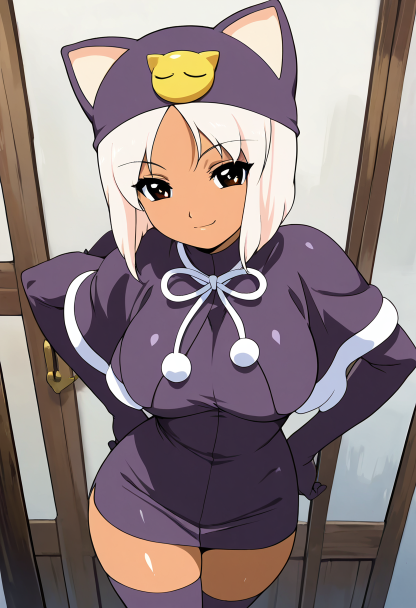 masterpiece, best quality, solo, curvy, beautiful eyes,  smile, looking at viewer,  zzMeow, brown eyes, white hair, dark skin,  thighhighs, hat, cat ears, capelet, animal hat,  narrow waist, foreshortening,  <lora:MeowLittleMonicaMonogatari_IXL_v1:1.0>,  cowboy shot, hand on hip, smug, smile, looking at viewer, shiny skin,