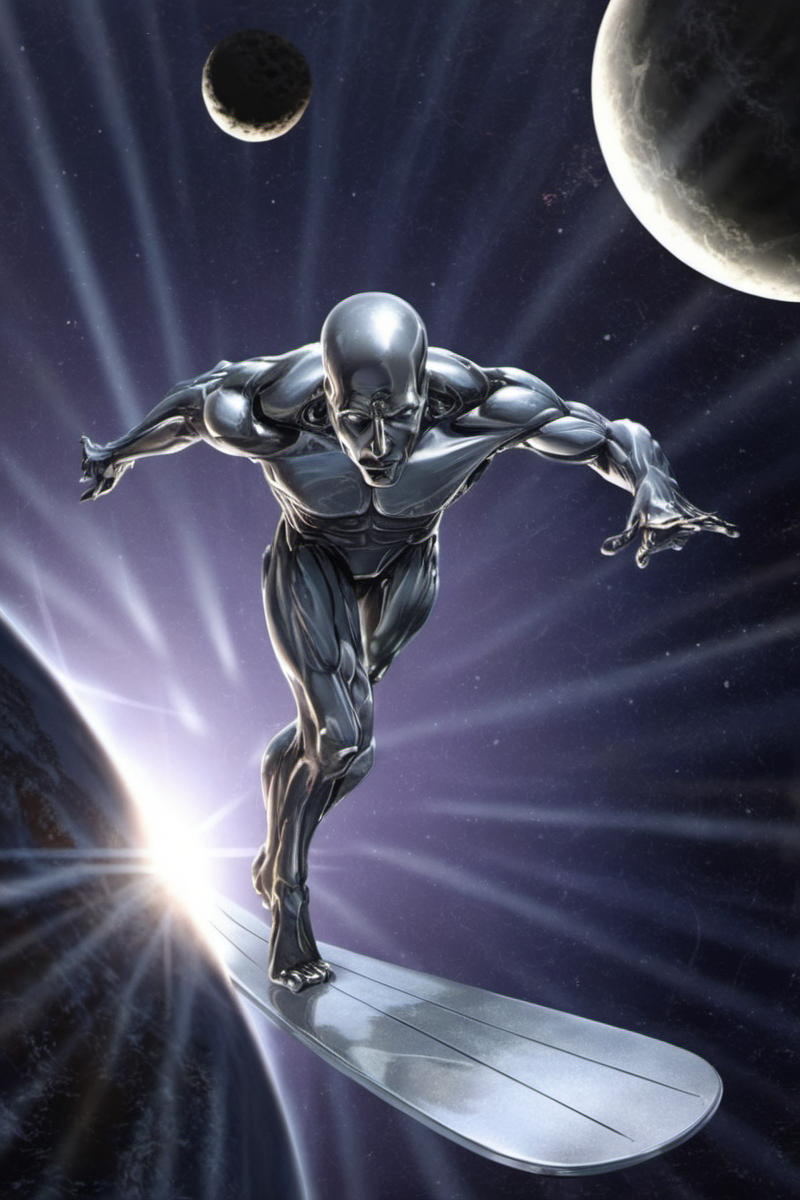 a silver sufer surfs in space, blackhole swallowing the earth in the background <lora:SilverSurfer1024:0.8>