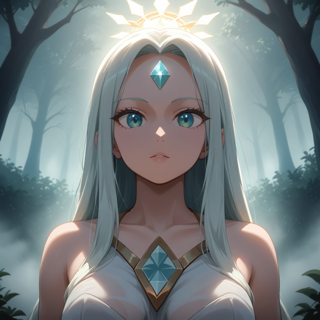 ((heavenly), holy, divine), fog, natural lighting, tree, 1girl, xeldorite, mint diamond forehead marking