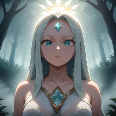 ((heavenly), holy, divine), fog, natural lighting, tree, 1girl, xeldorite, mint diamond forehead marking