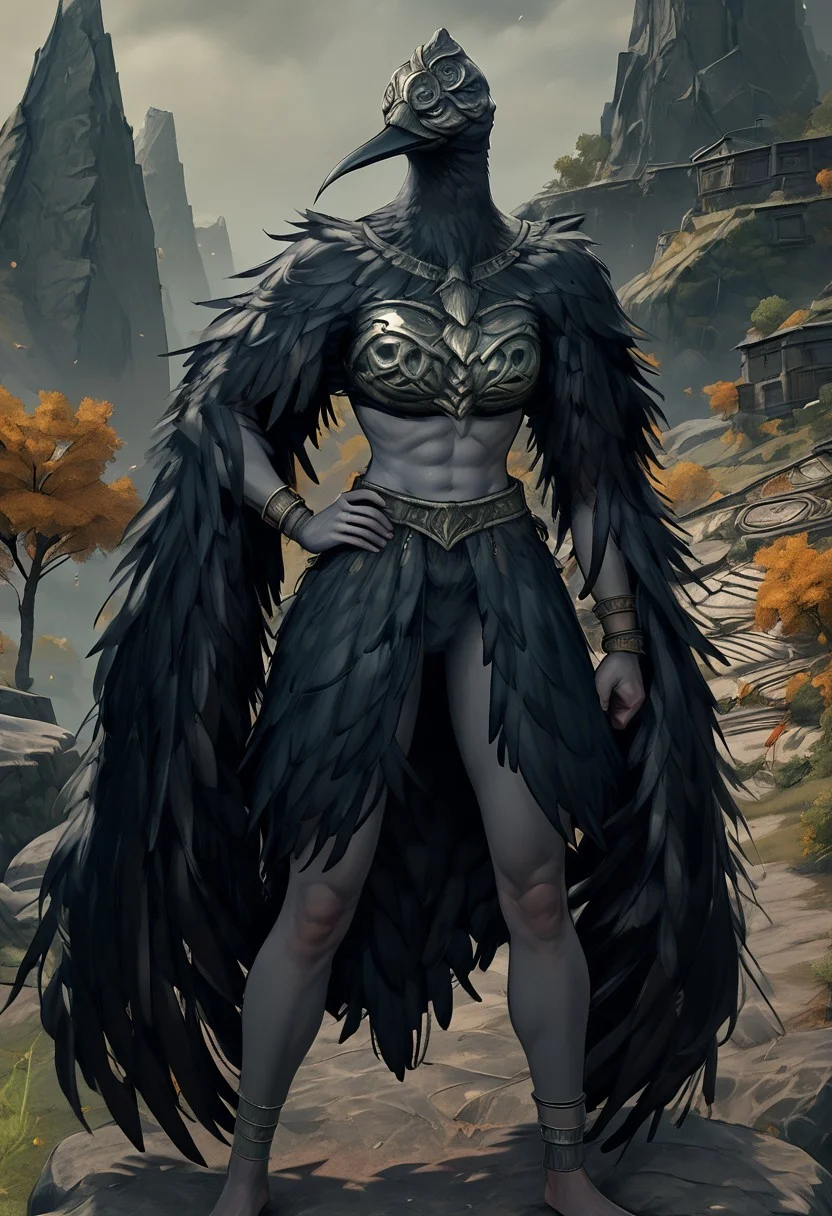 solo, score_9, score_8_up, score_7_up, score_6_up,
dark aura, GravebirdSet, armor, Bird Helmet, long beak, feathers, bracelet, anklet, skirt, Blackquill Cape, look at viewer, 1girl, breasts, no humans, colored skin, gray skin, wings, beak, skinny, outdoors, ((one hand on hip, clenched fist)), mountain tops, dry trees,