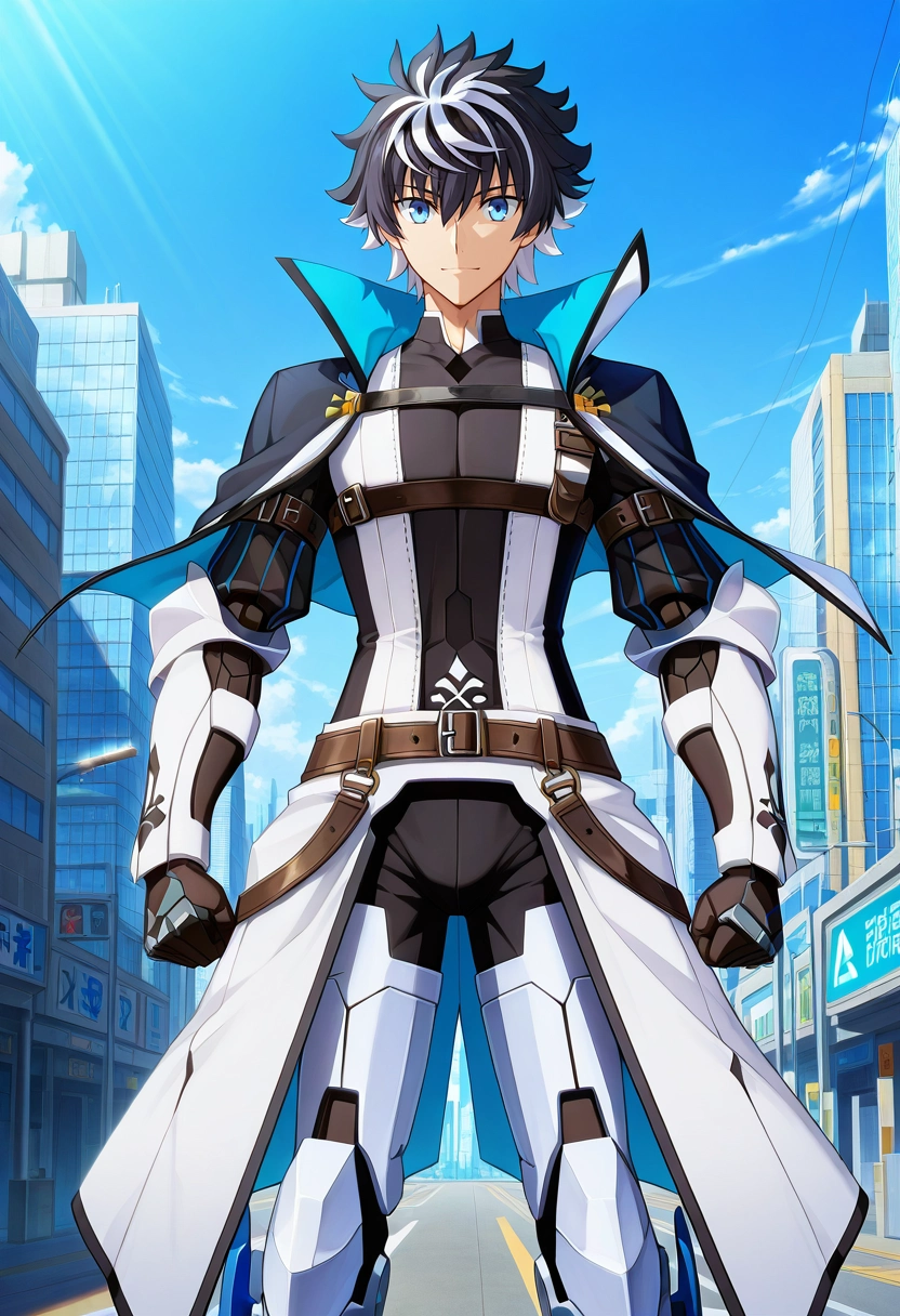 masterpiece, best quality, , anime screencap, anime coloring, official style, looking at viewer, 1boy, solo, male focus, <lora:charlemagne_fate_ilxl:0.98>, charlemagne_fate, black hair, blue eyes, multicolored hair, white hair, two-tone hair, short hair, hair between eyes, bangs, streaked hair, , mecha city, robot towers, repair zones, power stations, patrol pose, alert expression, artificial lighting, day of the dead costume