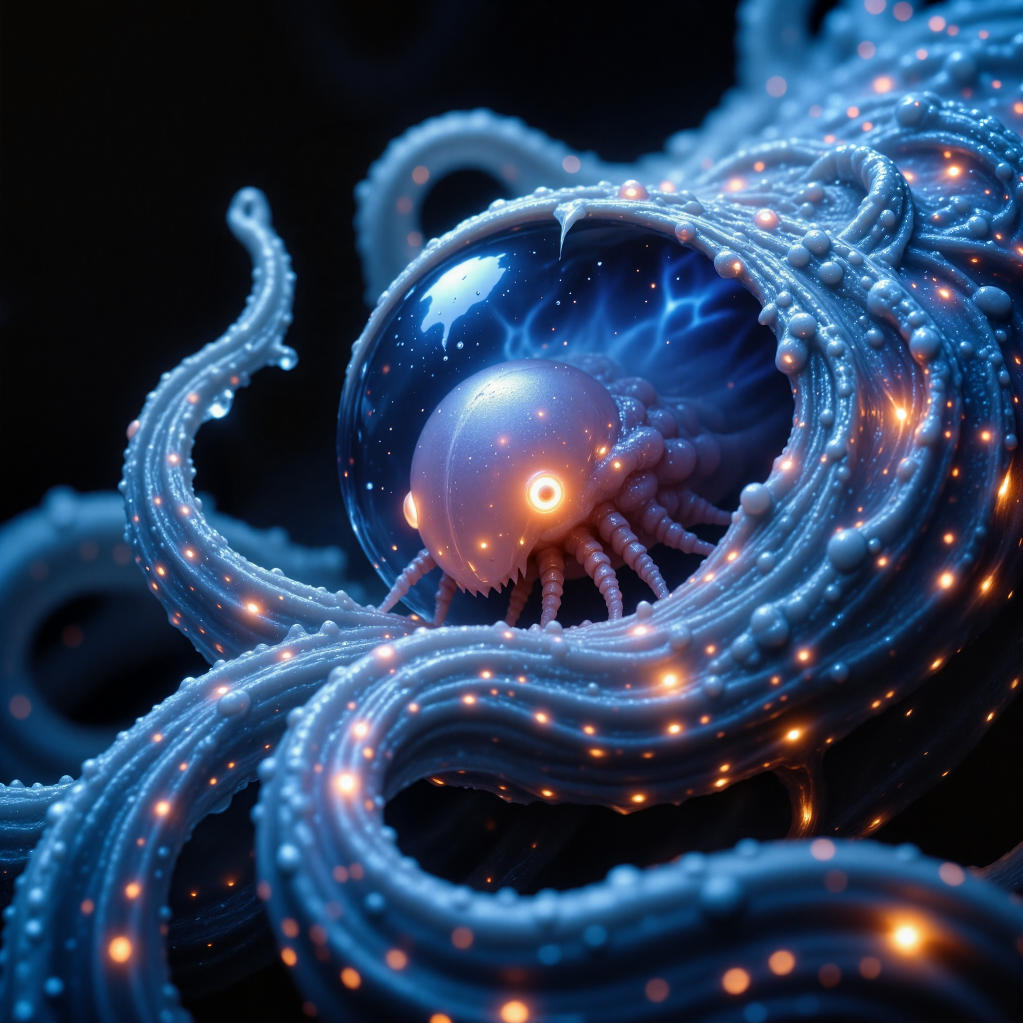 award-winning macro photo, short depth of field, hyper realistic, dim lighting, twilight, bioluminescence, subsurface scattering, the minuscule "befuddled worbleglower" is a glorpified mollusk-like ocean-dwelling creature living in the vast gorliflynx kelp woods on planet "ferkus ix". it uses the discarded huge coiled shells of the "ghostly gumslorm" as shelter. its beautiful semi-transparent body glimmers faintly with iridescent skrunklebops, allowing it to blend seamlessly with the faintly glowing kelp fronds. the creatures use their elongated, florbdoodeling proboscis to extract nutrients from the gorliflynx kelps sap. their biome is a surreal underwater tapestry of flowing bioluminescent kelp strands, undulating in slow, hypnotic rhythms as shimmering gas bubbles rise from the seafloor fissures, highly detailed, intricate, detailed background, golden ratio, arsmjstyle, dnddarkestfantasy, in the style of ck-ovf, aidmafluxpro1.1, 
<lora:epic_gorgeous_details-balance-flux-by_flyway:0.48> 
<lora:style-dnd_dark_fantasy-flux-by_arsmachina:0.64> 
<lora:style-oneviolentfantasy-ep21-flux-by_chronoknight:0.56> 
<lora:flux_pro1.1_detailer-v0.2-flux-by_aidma:0.6>