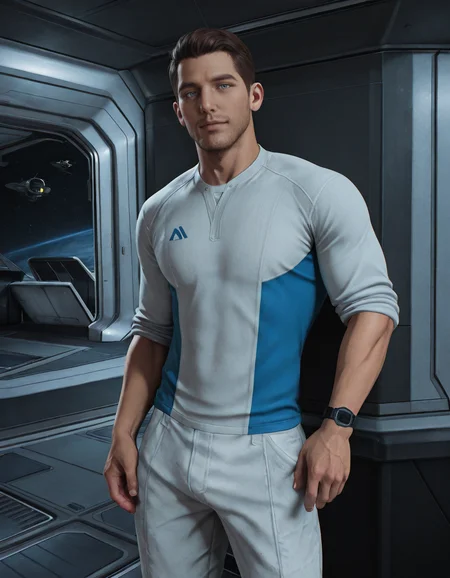 masterpiece, best quality, absurdres, newest, perfect quality, best quality, absolutely eye-catching, detailed background, intricate details, male focus, solo, realistic, <lora:Mass Effect Andromeda - Scott Ryder - Illustrious-000010:0.6>, s_ryder, 1boy, mature male, brown hair, light blue eyes, stubble, white two-tone shirt, sleeves rolled up, wristwatch, white pants, spacecraft interior, space, contrapposto, looking at viewer, upper body, back against wall