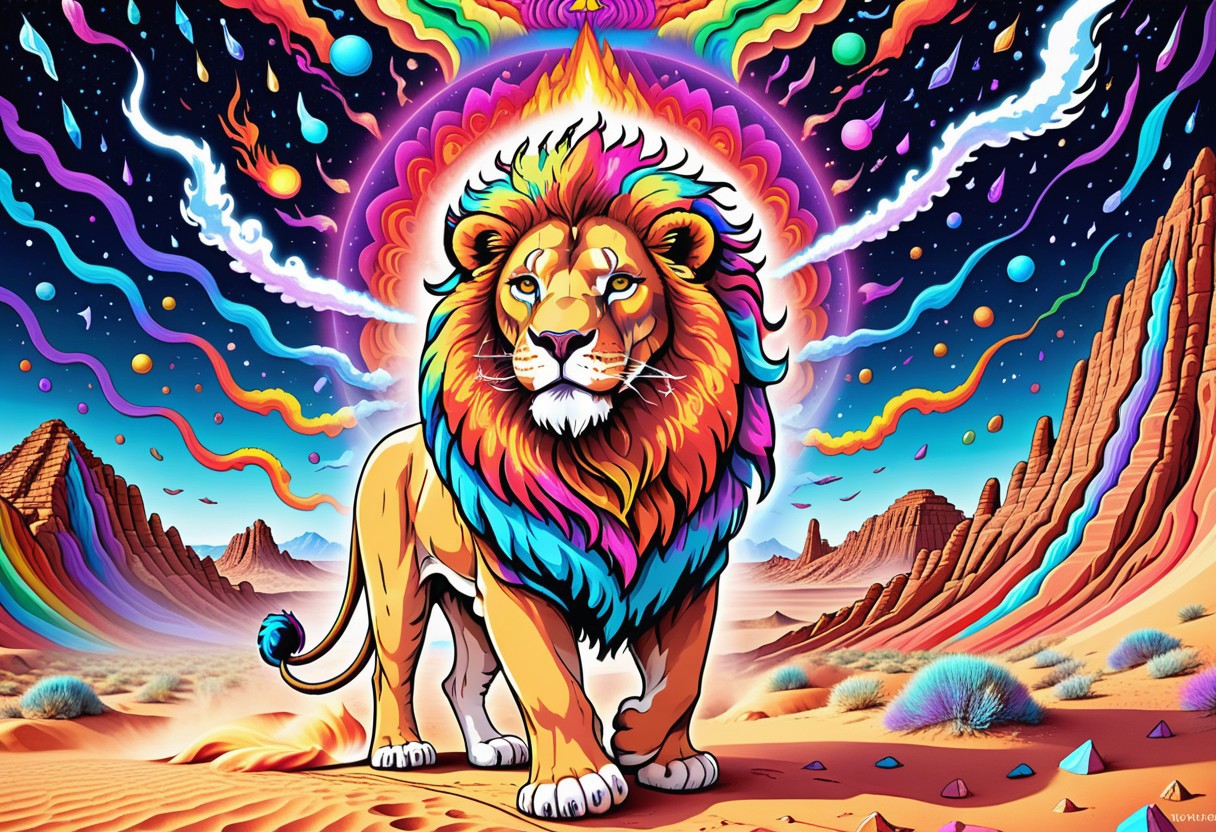 A huge incredible lion is walking along the colorful psychedelic dunes of ((desert)). the lion's mane shimmers with all the colors of the rainbow. it feels like a lion is burning with a multicolored flame. background:  ((black night)) with rare large stars. the inscription on the picture: "Graógramán", addotional tail