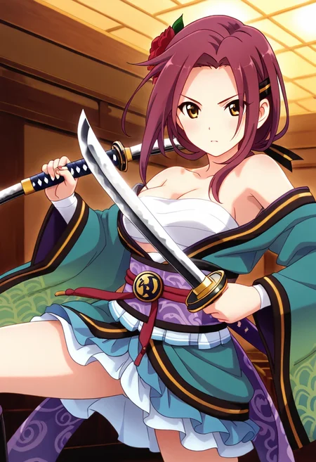 <lora:ruka_IXL-10:0.7> 1girl,tachiarairuka,red hair,hairclip,red hair flower,rukadefaultoutfit,sarashi, cowboy shot,dual wielding katana
best quality,masterpiece