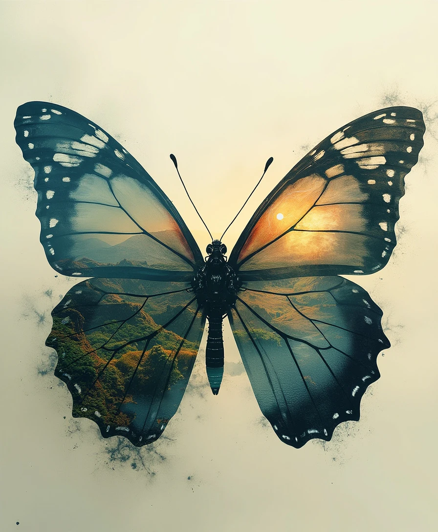 double exposure photo in the shape and form of a fragile butterfly emerge against a backdrop of an abstract, surrealistic landscape. The wings are rendered in vivid, lifelike detail, delicate veins and markings visible against the swirls and lines of the landscape. The landscape itself has a dreamlike quality, with swirling colors and forms that are both chaotic and mesmerizing.