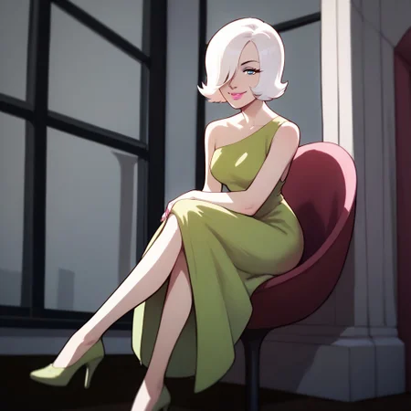 score_9, score_8_up, score_7_up BREAK KittenCrg, 1girl, white bob cut, blue eyes, hair covering one eye, pink lipstick, pink nails, green one shoulder dress, bare legs, high-heeled green shoes, smiling at viewer,