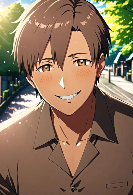 high resolution, solo, best quality, 1Boy, Takaki Toono, Brownish Hair, Brown Eyes, Looking at viewer, happiness, depth of field, half body, outdoor, OverallDetail