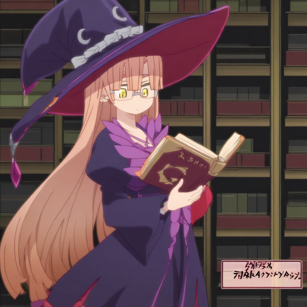 score_9, solo, marie_a, 1girl, brown hair, long hair, glasses, yellow eyes, dress, witch hat, book, reading, library