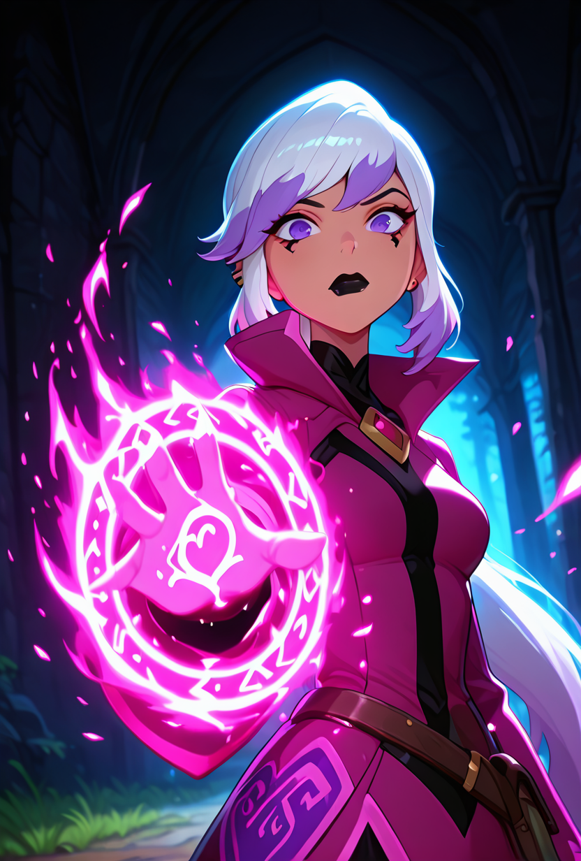 <lora:charmov:1> charmov, long hair, ponytail, , white hair,, 1girl, multicolored hair, purple eyes, ear piercing, two-tone hair, makeup, solo, long sleeves, black lips, purple jacket, long jacket, popped collar, facial expression, dynamic pose,,  <lora:WeaponSpellBindIL:1> spell bind, purple magic, masterpiece, best quality, amazing quality, very aesthetic, absurdres, newest,