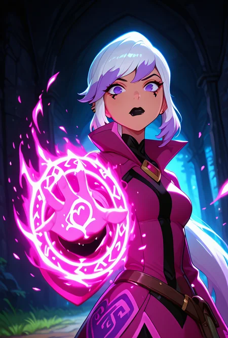 <lora:charmov:1> charmov, long hair, ponytail, , white hair,, 1girl, multicolored hair, purple eyes, ear piercing, two-tone hair, makeup, solo, long sleeves, black lips, purple jacket, long jacket, popped collar, facial expression, dynamic pose,,  <lora:WeaponSpellBindIL:1> spell bind, purple magic, masterpiece, best quality, amazing quality, very aesthetic, absurdres, newest,