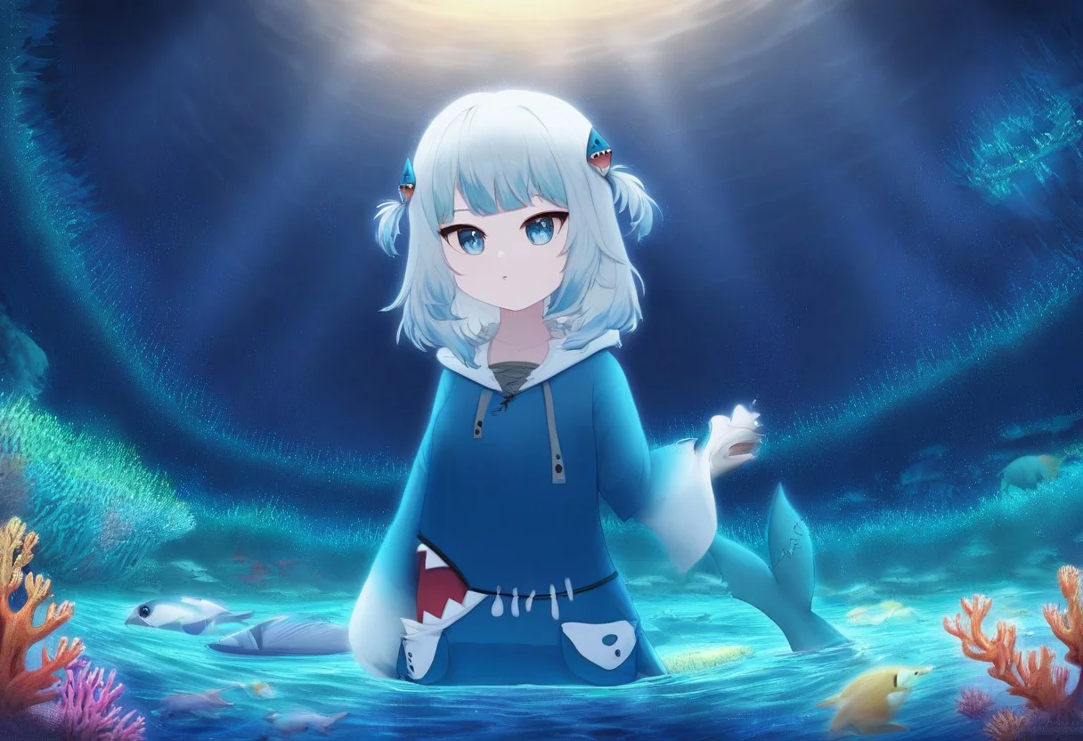 bioluminescence (gawr gura, blue hoodie, two side up, shark hair ornament, shark tail, swimming under water) (deep in the ocean, fish everywhere, dark waters, bioluminescent, fish, coral reefs, sea weed, saturated colors, glowing, masterpiece, beautiful details, great details, high resolution)