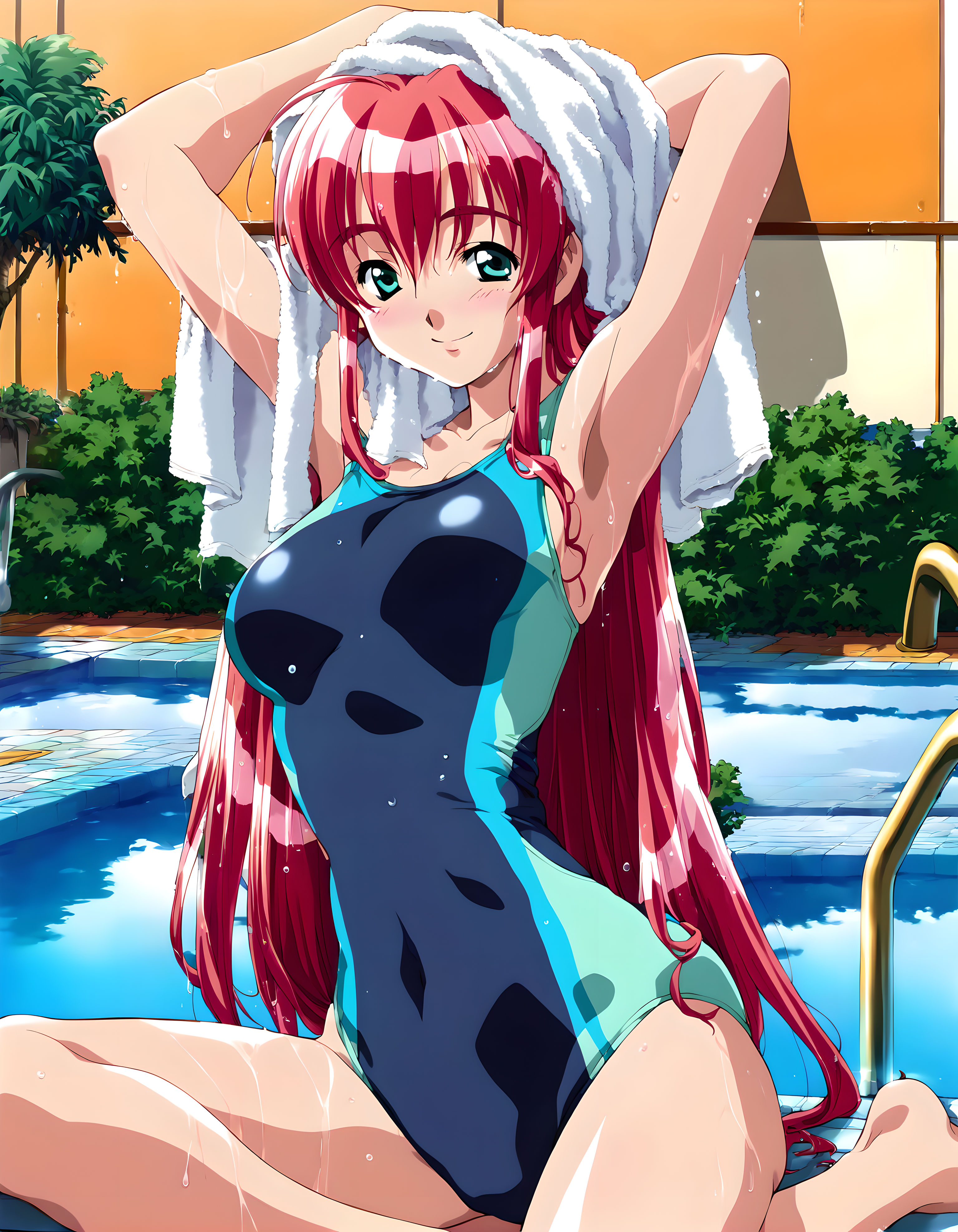 <lora:pony_xl_chitose:0.8>,chitose,score_9,score_8_up,score_7_up,source_anime,1girl,solo,long hair,smile,light_blush,pool,poolside,competition swimsuit,one-piece swimsuit,arms up,armpits,wet_hair,soaked,towel on head,towel,sitting,wariza,