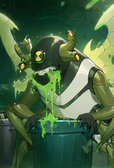 <lora:stinkfly-07:1> stinkfly, solo, no humans, monster, bug, yellow insect wings, pokemon (creature),black gloves, green arms , sharp teeth, arthropod legs, 4 legs, antennae, tail <lora:WSSKX_WAI:1>, upper body, vomiting, trash can, green vomit, mucus,, masterpiece, best quality, amazing quality, very aesthetic, absurdres, newest,