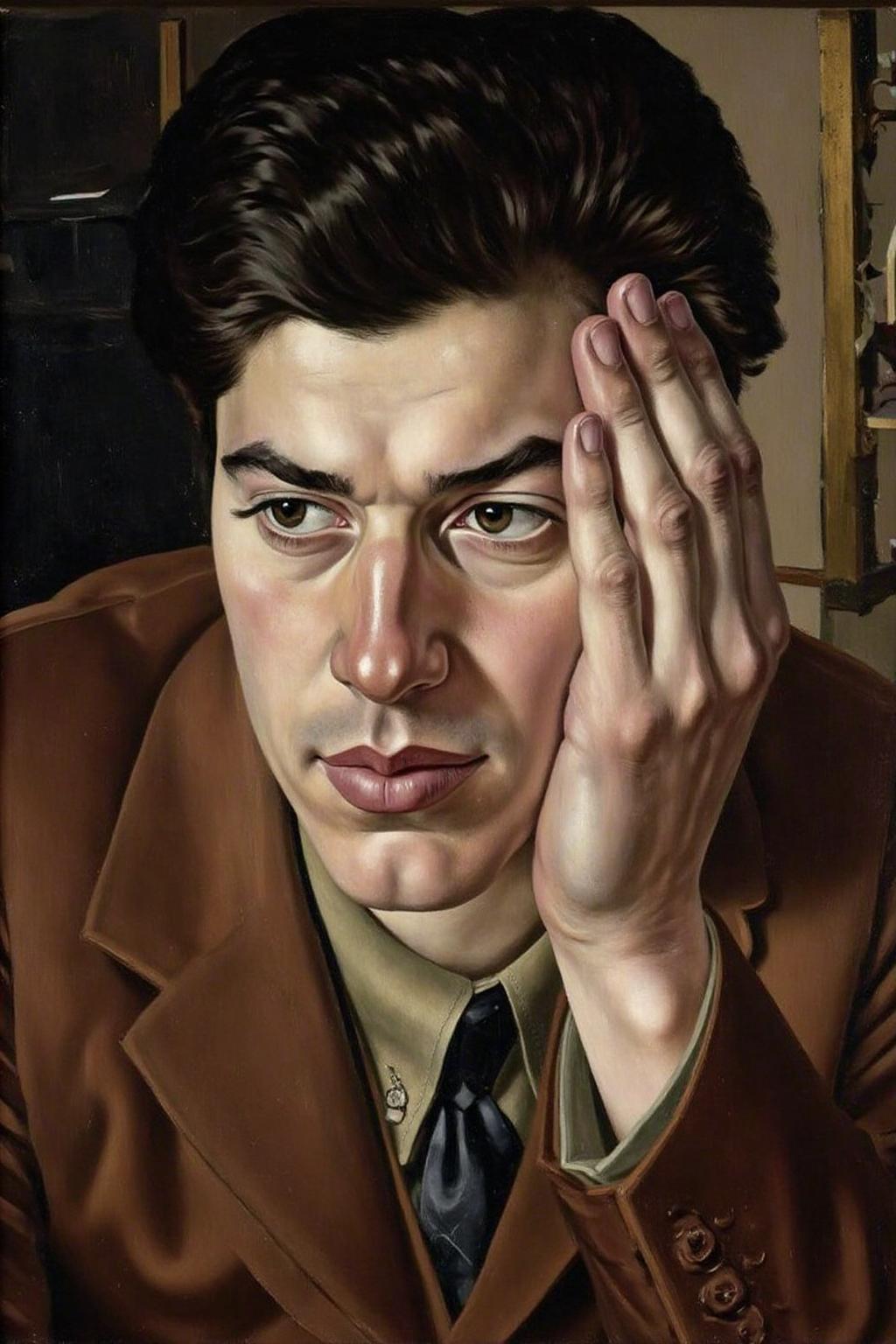 sspencer1 painting.
A painting, featuring a young man with a contemplative expression. He is depicted with his head slightly tilted, with his hand cupped around his face. The man has dark, slicked-back hair and a prominent nose.
 <lora:sspencer1_cap_d6a3:1.0><lora:832110524738078852:0>