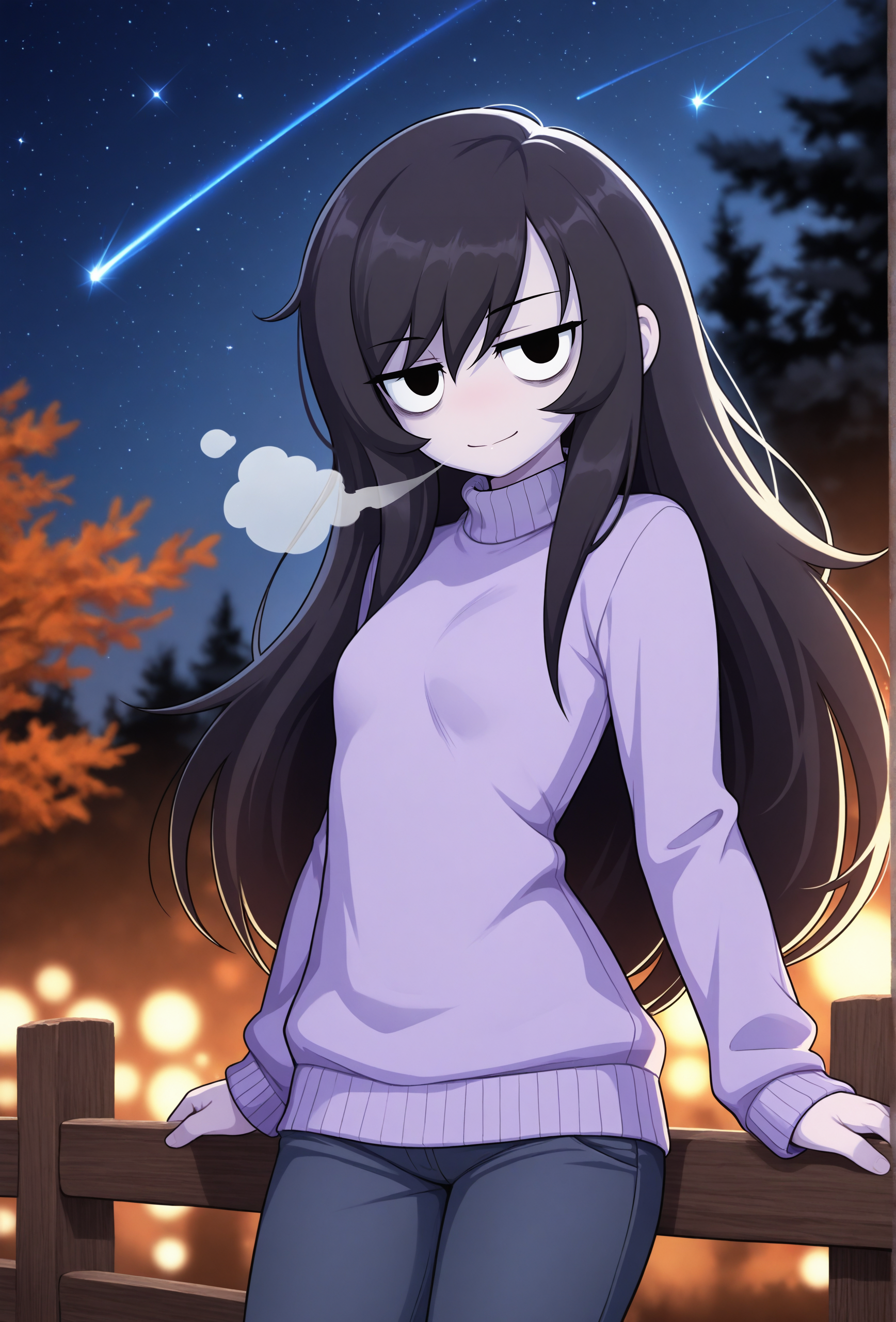 masterpiece,best quality,amazing quality, <lora:rosemary_cabronpr_noob_vpred_v1.1f:0.7> rosemary, 1girl, solo, black eyes, no nose,long hair, bags under eyes, jitome, light smile, looking at viewer, breath BREAK
(depth of field:1.3), purple sweater, pants, small breasts, dark, low lighting, dim lighting, night, starry sky, tree, autumn, wooden fence, shooting star
