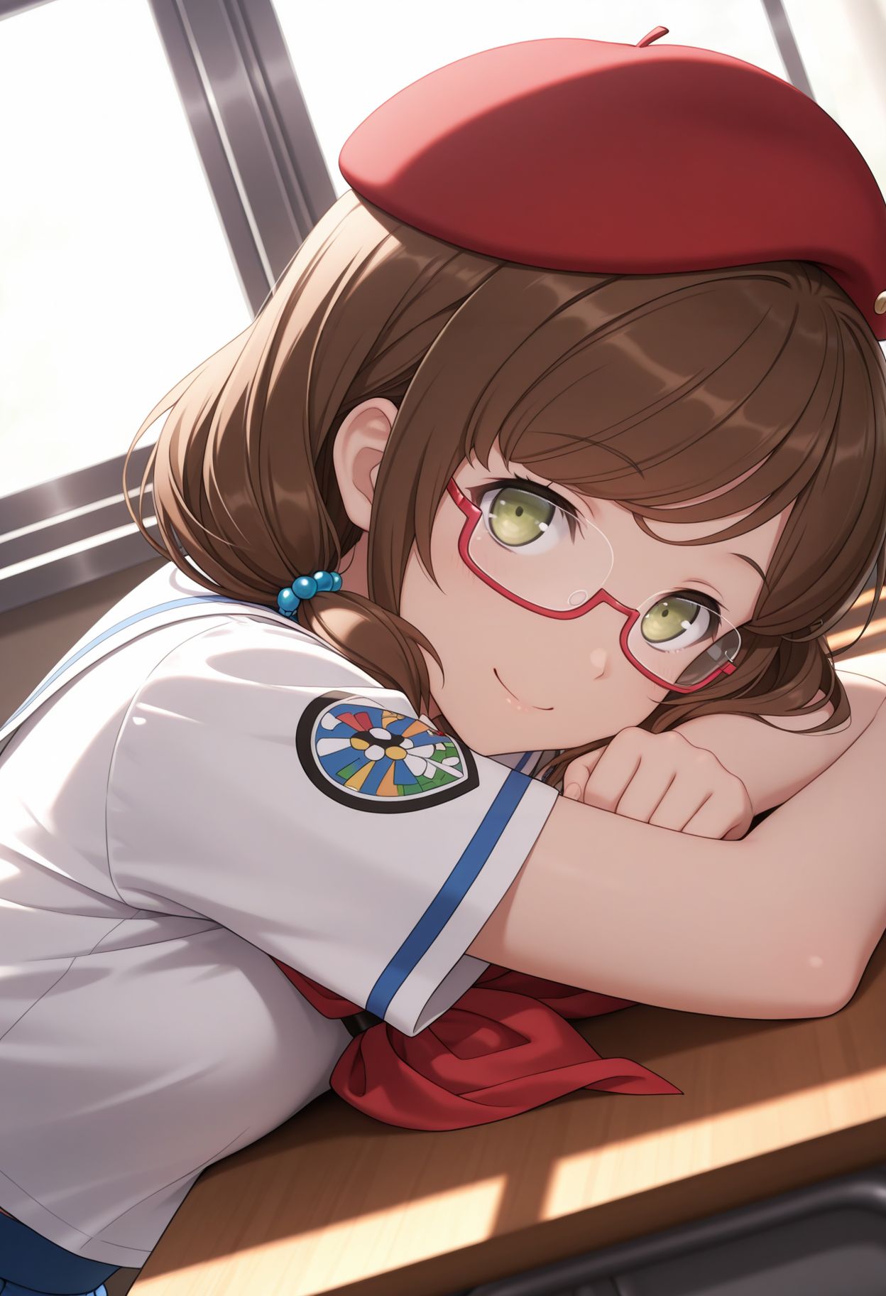 masterpiece,best quality,absurdres,highres,very aesthetic,high quality,detailed,insanely detailed,beautiful,perfect lighting, looking at viewer, looking at viewer, smile, 
 <lora:Momo Aoki:1> 1girl, brown hair, twintails, brown eyes, low twintails, green eyes, hair bobbles, glasses,hat, beret, red headwear, school uniform, semi-rimless eyewear, serafuku, short sleeves, blue skirt, red neckerchief, neckerchief, 
solo, classroom, table, from side, lying, sleeping, window, upper_body, from side,