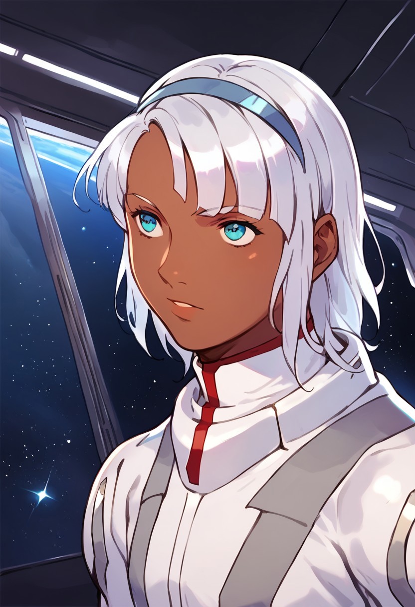 by laserflip, score_9, score_8_up, score_7_up, 1boy, femboy, loran, loran cehack, loran gundam, dark skin, white hair, blue eyes, white hairband, white bodysuit, futuristic bodysuit, space, space station, dynamic angle, solo, solo focus,
