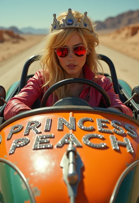 Detailed, masterpiece, professional, bold colors, awe inspiring, photography inspired by Jeremy Mann, 30mm shot, action scene, HDR, Princess Peach racing in dune buggy, realistic, gritty, cinematic, dystopian, realistic skin texture, real life,, "PRINCESS PEACH" writen on hood of car, bejeweled writing, wearing road leathers, driving