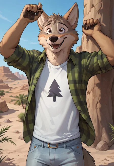 score_9, score_8_up, score_7_up, solo, 1boy, Cameronvn, coyote, brown eyes, green jacket, white shirt with black tree, light blue pants, happy, outdoors, middle of desert background, (5fingers), hi res, detailed eyes, eyes focus, perfect eyes, perfect face, black eyes, big iris, best artwork, highly detailed, 4k res by unpopularwolf, by meesh, by brae