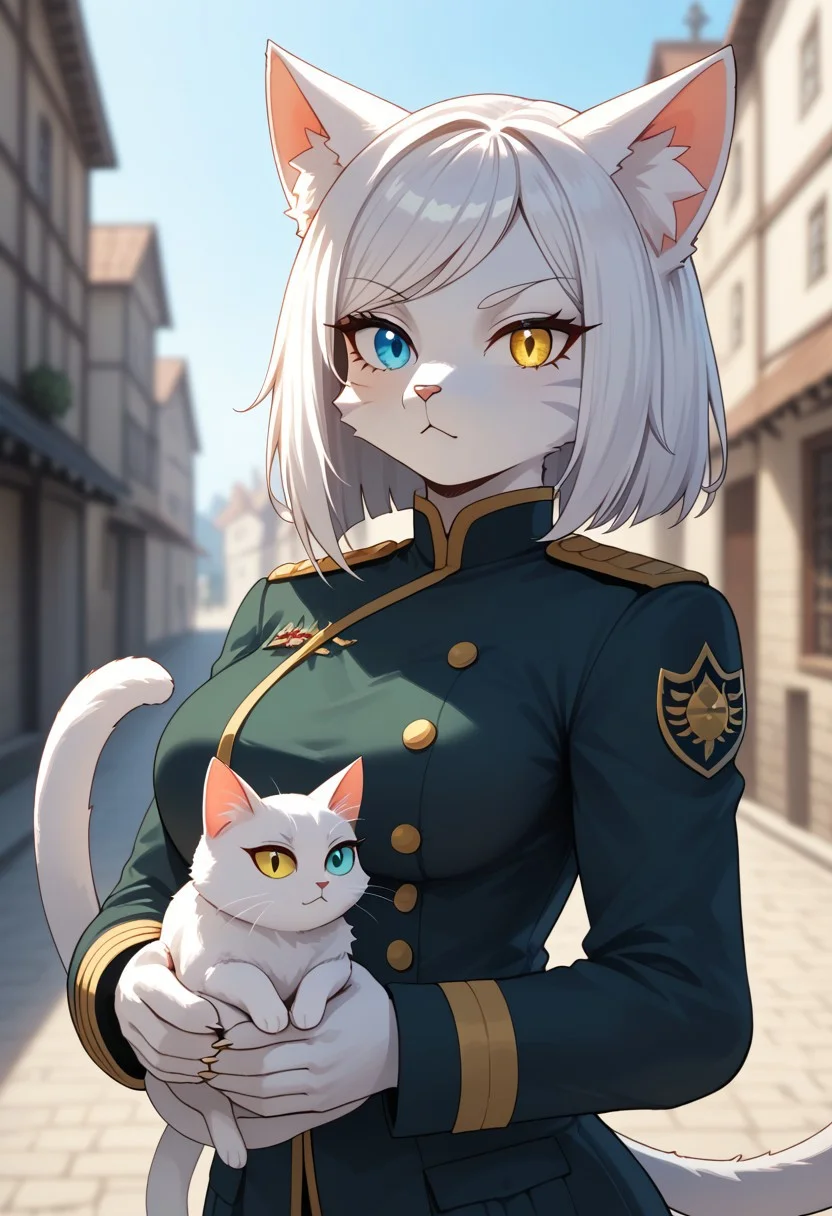 (masterpiece), best quality, expressive eyes, perfect face, anime, (1girl, (cat girl, furry female cat, furry female), (white hair, sideswept bangs, white fur)), ((heterochromia, right gold eye, left blue eye)), (military uniform, knight), serious, (town), fine details, clothing textures, depth of field, dim lighting, high quality, thick outlines, symphtia-style
