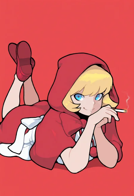 masterpiece, best quality, solo, 1girl, smile, looking at viewer, <lora:adnyc_n11:1>, simple background, <lora:Bbhood-illus_Fp:1>, bbhood, short hair, blonde hair, blue eyes, hood, capelet, red dress, bow, white apron, pom pom \(clothes\), hood up, red footwear, on stomach, the pose, smoking,