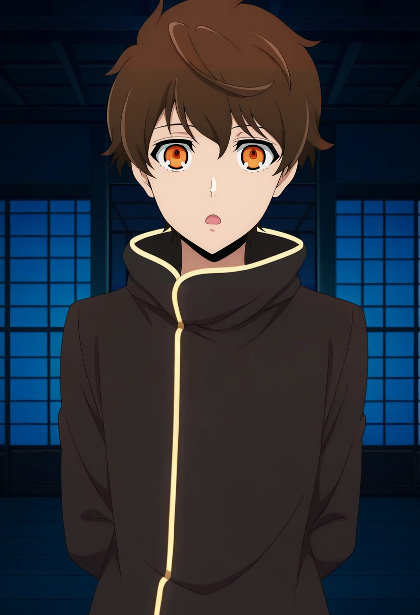 masterpiece, best quality, , anime screencap, anime coloring, official style, looking at viewer, 1boy, solo, male focus, <lora:twenty-fifth_bam_ilxl:0.94>, twenty-fifth_bam, brown hair, orange eyes, short hair, , panorama, east asian architecture, indoors, dark, arms behind back, open mouth,