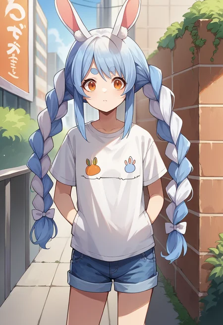 score_9, score_8_up, source_anime, 1girl, solo, UsadaPekora, orange eyes, thick eyebrows, rabbit ears, two-tone hair, blue hair, white hair, long hair, twin braids, t-shirt, denim shorts, standing, outdoors, city, hands in pockets, <lora:ChamUsadaPekoraPonyXL:1>